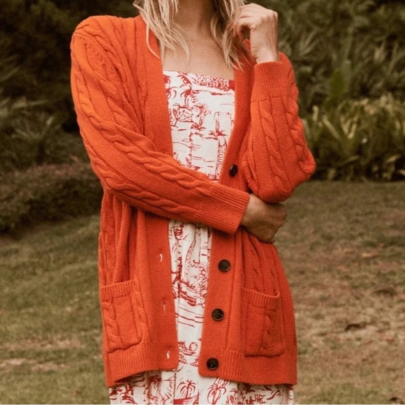 THE GREAT. Sweaters - THE GREAT Cable Grandpa Cardigan in Habanero Orange Red Sz XS